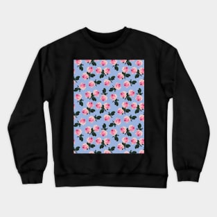 Scattered pink vintage roses on blue Crewneck Sweatshirt